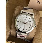 NEW BURBERRY MENS WATCH BU9357 LEATHER FABRIC STRAP WITH SILVER DIAL GENUINE