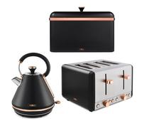 NEW Cavaletto Pyramid Kettle/4 Slice Toaster/Bread Bin Set in Black & Rose Gold ompliant]