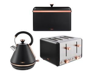 NEW Cavaletto Pyramid Kettle/4 Slice Toaster/Bread Bin Set in Black & Rose Gold ompliant]