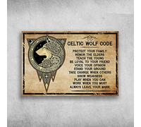 New Celtic Wolf Code Protect Your Family Honor The Elders Teach Wall Art Poster Cute Sign Metal Tin Sign Rustic Suitable for Home and Kitchen Bar Man Cave Cafe Garage Wall Decor 12x8 Inch