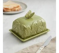 New Charming Sage Green Ceramic Butter Dish with Embossed Floral Pattern and Butterfly Handle - Decorative Tableware for Kitchen and Dining Decor-M84