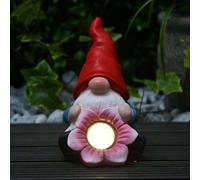 New Charming Solar Gonk with Flower - LED Light Up Garden Gnome Ornament, Solar Powered Outdoor Decoration, Auto On at Dusk, Warm White LED Outdoor Decor-A42 (Red Hat)