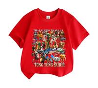 New Children's Short-Sleeved Tops, Italian Brain AI Animal Anime Cartoon Children's Short-Sleeved t-Shirt Half-Sleeve Summer Clothing,Red,130cm