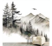 New Chinese Freehand Ink Zen Eastern Wall Mural 300 x 210 cm (WxH) White Non-Woven Photo Wallpaper, Welcoming Pine Mountains Birds Mural Decoration Large Wall Covering for Living Room & Bedroom