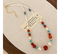 New Chinese retro blue turquoise dyed red white marble bright pearl clavicle chain niche high-end necklace
