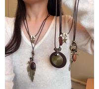 New Chinese Zen retro feather necklace women's ethnic style stacked beaded clavicle chain long Bohemian