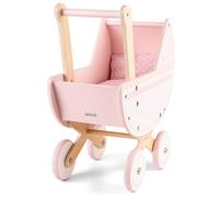 New Classic Toys 10761 Wooden Doll Pram Including Bedding-Pink