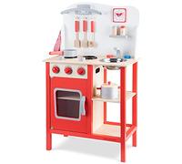 New Classic Toys Red Wooden Pretend Play Toy Kitchen for Kids with Role Play Bon Appetit Included Accesoires