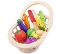 New Classic Toys - Vegetable Basket with 8 Wooden Vegetables - Kitchen Accessories for Kids, Montessori Toys, Wooden Toys, Toy Food, Play Food - 1 Set of 9 Pcs