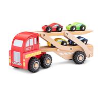 New Classic Toys - Wooden Car Transporter with 4 Vehicles - Montessori Toys, Toy Cars, Car Games, Wooden Cars, Wooden Toys, Truck Toy, Car Game - Set of 1