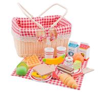 New Classic Toys - Wooden Picnic Basket with Pretend Food and Accessories - Montessori Toys, Wooden Food - Traditional Picnic Basket with Picnic Accessories - 1 Set, Black