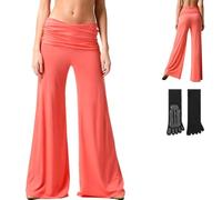 New Coral Fold Over Yoga Pants,On-Trend Solid Wide Leg Loose Fit Lounge Pants,with Ruched Waist, for Yoga, Sports (UK, Alpha, S, Regular, Regular, Coral)