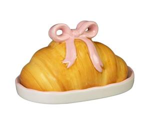 NEW Croissant Butter Dish. The Golden Croissant Lid Features A Pretty Pink Bow Handle, Making It Easy to Lift and Adding A Charming Decorative Touch.