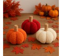 New Decorative Set of 3 Boucle Pumpkins - Stunning Plush Red, Orange, and White Fabric Pumpkins for Autumn Centerpieces, Harvest Displays, or Seasonal Home Décor - T34