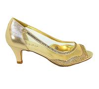 New Diamante Net Mesh See Thru Mid Heel Peep Toe Evening Bridal Court Shoes Size 3 Gold L2