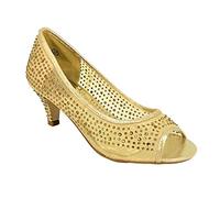 New Diamante Net Mesh See Thru Mid Heel Peep Toe Evening Bridal Court Shoes Size 5 Gold CL218-23