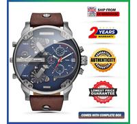 NEW DIESEL MR DADDY 2.0 DZ7314 GREY CASE BLUE DIAL BROWN STRAP MEN'S WATCH UK