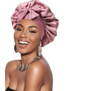 New Double Layer Satin Bonnet - Women Solid Wide Tie Band Stretch Silky Edge Wrap Hair Care Shower Nightcap(Pearl pink)
