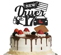 New Driver Age 17 Cake Topper Happy 17th Birthday Cake Decoration Funny Learner Driver Bloody L Decoration for Teen Boys Girls Black Red Glitter