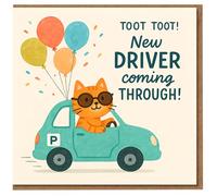 New Driver Congratulations Card - Cute Cat in Car with Balloons - Toot Toot New Driver Coming Through - Driving Test Pass Greeting Card for Motorist
