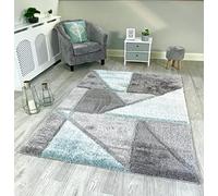 NEW DUCK EGG GREY SILVER SILKY SOFT SHAG PILE RUG TRIANGLE DESIGN CONTEMPORARY SHAGGY MAT (150X210CM)
