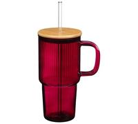 New Durable and Stylish Ribbed Glass Tumbler with Handle, Bamboo Lid & Straw - 800ml Fluted Vintage Glassware, Cute Aesthetic Cup for Iced Coffee, Juices & Gift Giving -A84 (Burgundy)