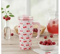 New Durable Double Wall Stainless Steel Tumbler 450ml with Handle and Straw - Stylish and Practical Gift for Coffee Lovers, Tea Enthusiasts, and Smoothie Fans -A91 (Cherries)