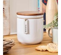 New Durable Stoneware Retro Design Cream Speckled Hang tag Biscuit Jar With Airtight Wooden Lid Keep Your Favorite Biscuits Fresh And Easily Accessible And Enhancing Your Kitchen Decor - M05