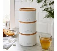 New Elegant A Contemporary Design White Tea, Coffee and Sugar Metal Stacking Canisters With Wooden Lids