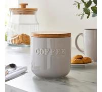 New Elegant Grey Ceramic Coffee Canister - Embossed Design with Tight-Fitting Wooden Lid, Durable Stoneware, Keeps Coffee Aromatic & Fresh, Perfect for Any Modern Kitchen Décor - M75