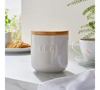 New Elegant Grey Ceramic Tea Canister - Embossed Tea Label with Tight-Fitting Wooden Lid, Durable Stoneware, Keeps Tea Fresh and Flavourful, Perfect for Any Modern Kitchen Décor - M78