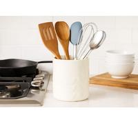 New Elegant & Minimalist Design Cream Ceramic Storage Pot with Embossed Leaf Pattern, Versatile Utensil Holder for Kitchen, Bathroom, or Vanity -Modern Home Décor -M41