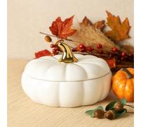 New Elegant White Ceramic Pumpkin Candle with Gold Stem Lid - Luxury Scented Autumn Centerpiece and Seasonal Accent for Fall, Halloween, and Thanksgiving Home Décor - A45