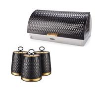 NEW Empire Bread Bin & Canister Art Deco Style Set Black & Brass Kitchen Storage