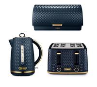 NEW Empire Kettle 4-Slice Toaster & Bread Bin Art Deco Set Midnight Blue & Brass ompliant]