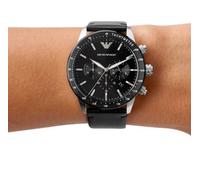 NEW EMPORIO ARMANI AR11243 SILVER & BLACK LEATHER STRAP TONE MENS WATCH