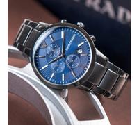 EMPORIO ARMANI MENS WATCH AR11215 STAINLESS STEEL GREY STRAP & BLUE DIAL GENUINE