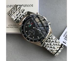 NEW EMPORIO ARMANI MENS WATCH STEEL SILVER STRAP & BLACK DIAL AR5983 GENUINE