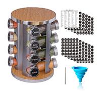 New England Stories Revolving Spice Rack Set with 16 Spice Jars, Kitchen Spice Tower Organizer for Countertop or Cabinet - Carousel Storage Includes 386 Spice Labels