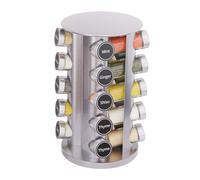 New England Stories Revolving Spice Rack Set with 20 Spice Jars, Kitchen Spice Tower Organizer for Countertop or Cabinet - Carousel Storage Includes 386 Spice Labels (Silver)