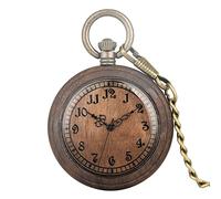 New Environmental Protection Natural Ecological Carbonized Bamboo Wood Quartz Pocket Watch Arabic Numbers with Silver Hook Chain,Walnut Wood