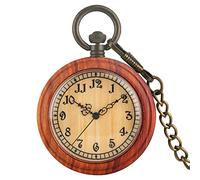 New Environmental Protection Natural Ecological Carbonized Bamboo Wood Quartz Pocket Watch Arabic Numbers with Silver Hook Chain,Red Sandalwood