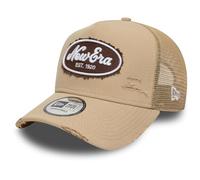 New Era Distress Vintage Mesh Trucker Cap Brand Patch Beige