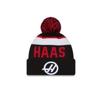 New Era Haas F1 Team, Official 2025 Merchandise, Stripe Sport Knit Bobble Beanie Hat, Black, White, Red