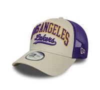 New Era Los Angeles Lakers Script A-Frame Trucker Cap Beige