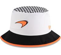 New Era McLaren F1 Bucket Hat, Checkered Flag Print, White and Black with Orange Trim
