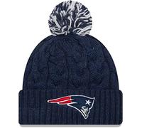 New Era Women's NFL Cable Knit Team Logo Wordmark Tech Cuffed Pom Beanie Cold Weather Knit Hat, New England Patriots - Navy, One size