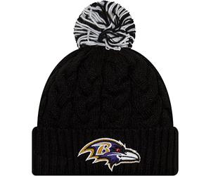 New Era Women's NFL Official Cozy Cable Knit Cuff Pom Beanie Hat, Baltimore Ravens Black, One Size