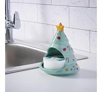 New Festive Ceramic Scrubby Holder with Matching Sponge - Christmas Kitchen Accessory, Handy Washing Up Storage, Available in Pudding, Bauble & Tree Designs -A15 (Tree)