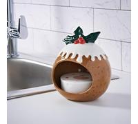 New Festive Ceramic Scrubby Holder with Matching Sponge - Christmas Kitchen Accessory, Handy Washing Up Storage, Available in Pudding, Bauble & Tree Designs -A15 (Pudding)